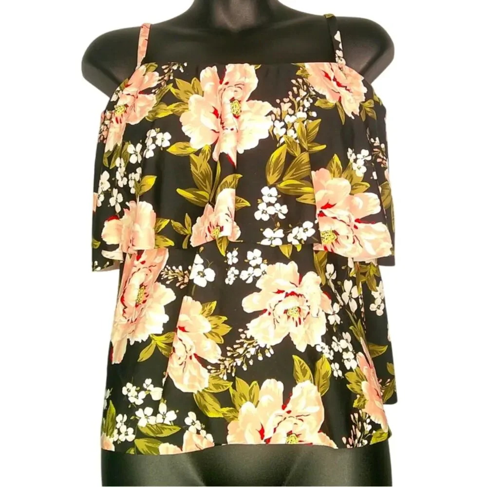 Kona Sol Black Floral Ruffled Swim Tankini Top Built in Padding Women's XL - Picture 1 of 6
